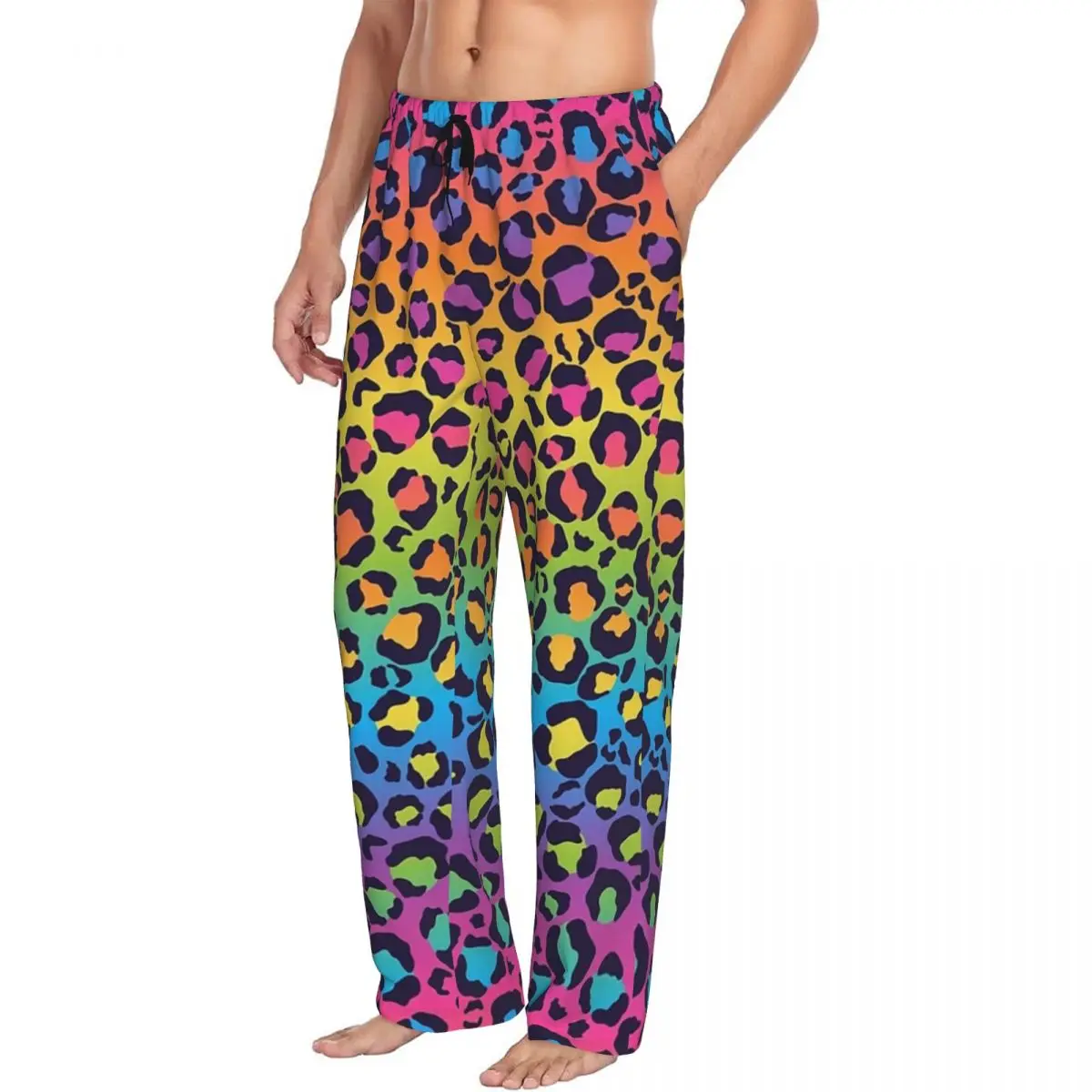 Custom Bright Rainbow Ombre Gradient Leopard Print Pattern Pajama Pants Men Sleepwear Sleep Lounge Bottoms with Pockets