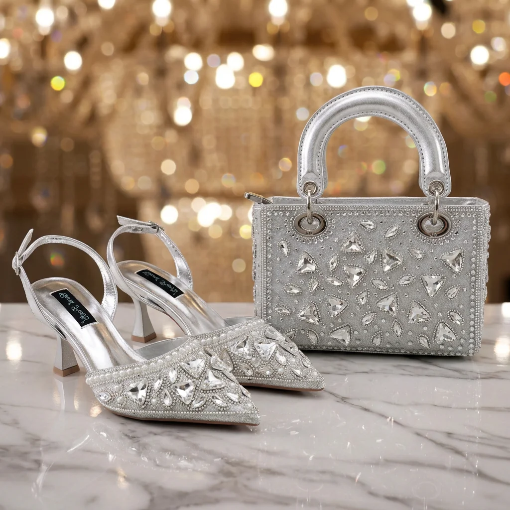 Silver Shiny Rhinestone Slingback High Heels Rhinestone Top Handle Bag Women Bridal Evening Cocktail Shoe and bag Matching Set