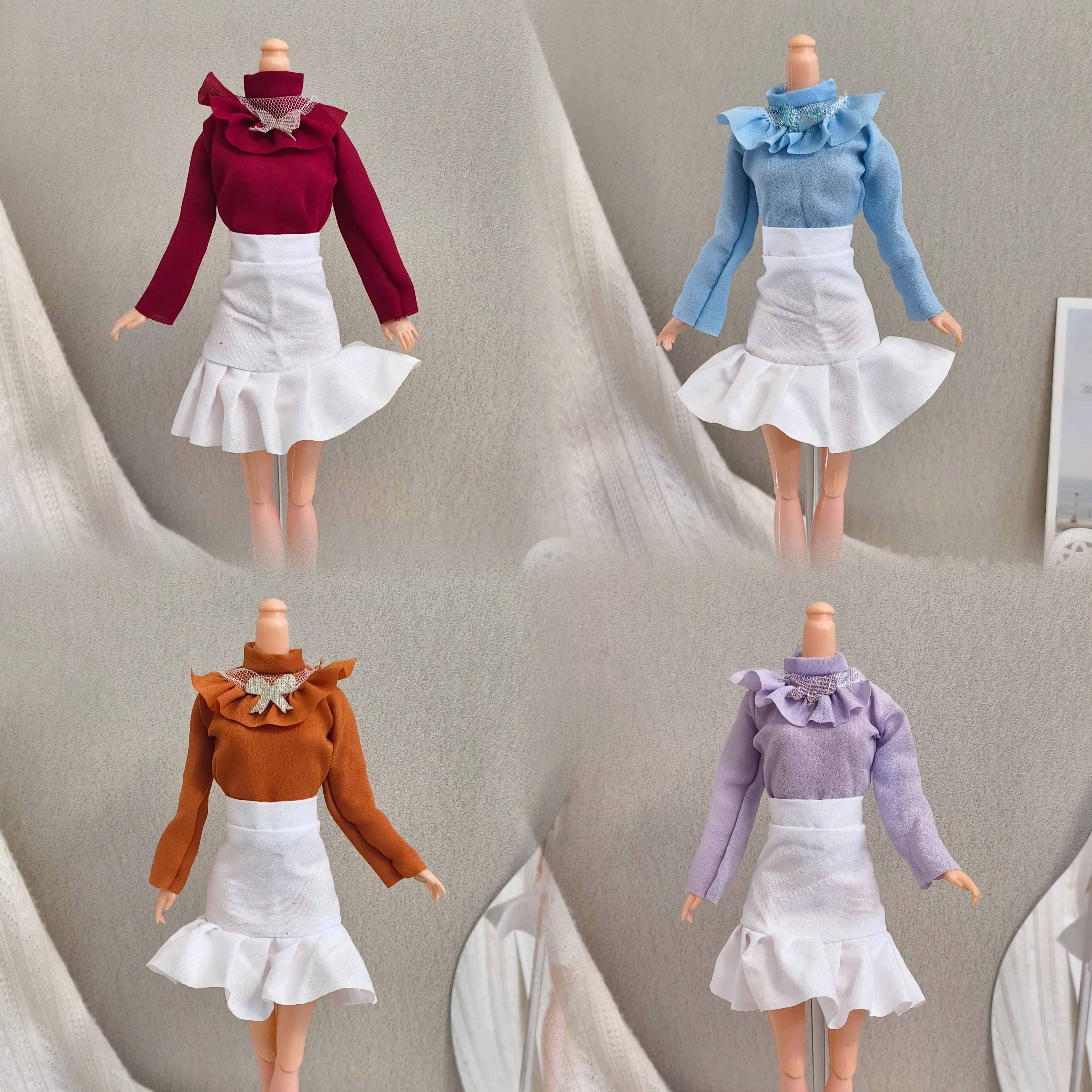 Fashion Ruffled Bow Long-sleeved Top + Versatile White Ruffled Dress Set For 1/6 FR Babi Supermodel Doll 30cm Doll Clothes Parts