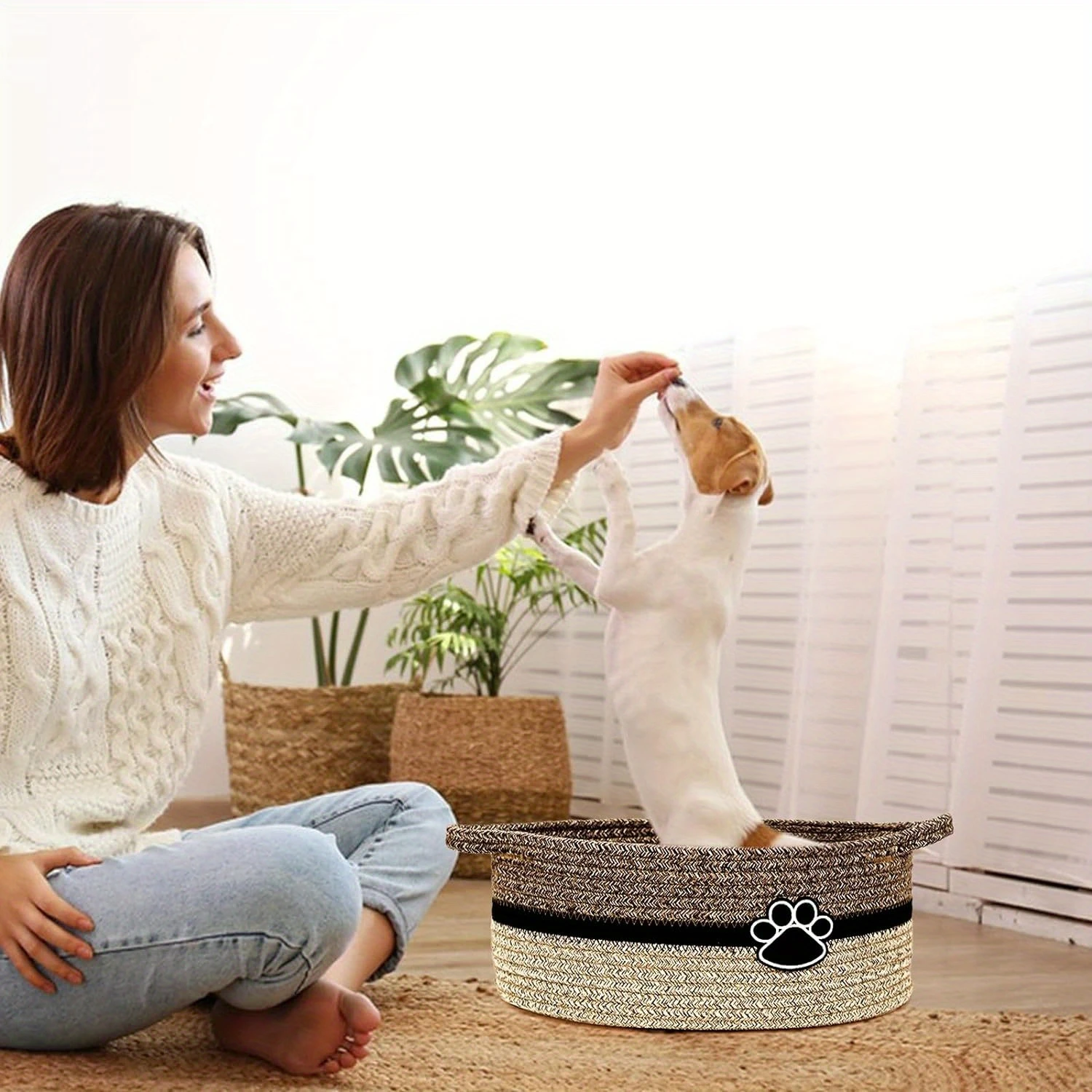 Woven Cotton Pet Toy  Bin with Handles - Durable Dog Toy Organizer Basket for Pet Accessory Organization, No Battery Required