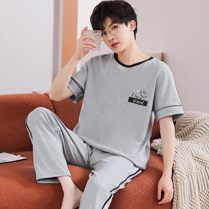 

Korean Man Pajamas Set Short Sleeve Sleep Top Long Pant Loungewear Cotton Sleepwear for Boy Leisure Mens Pijamas Fashion Homesui