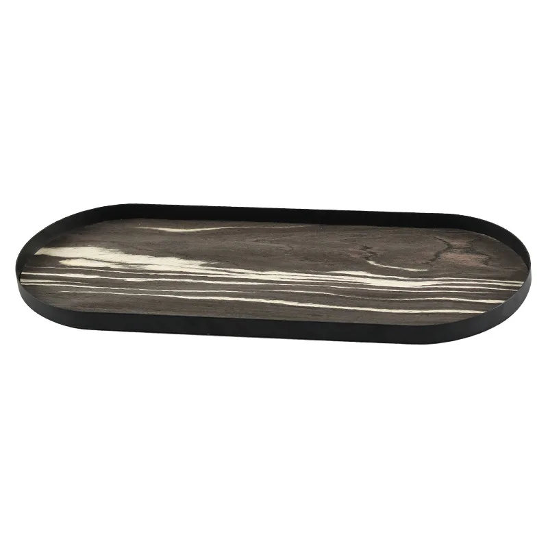 Nordic simple geometric oval imitation wood grain tray ornament model room hotel clubhouse tea room tea storage tray