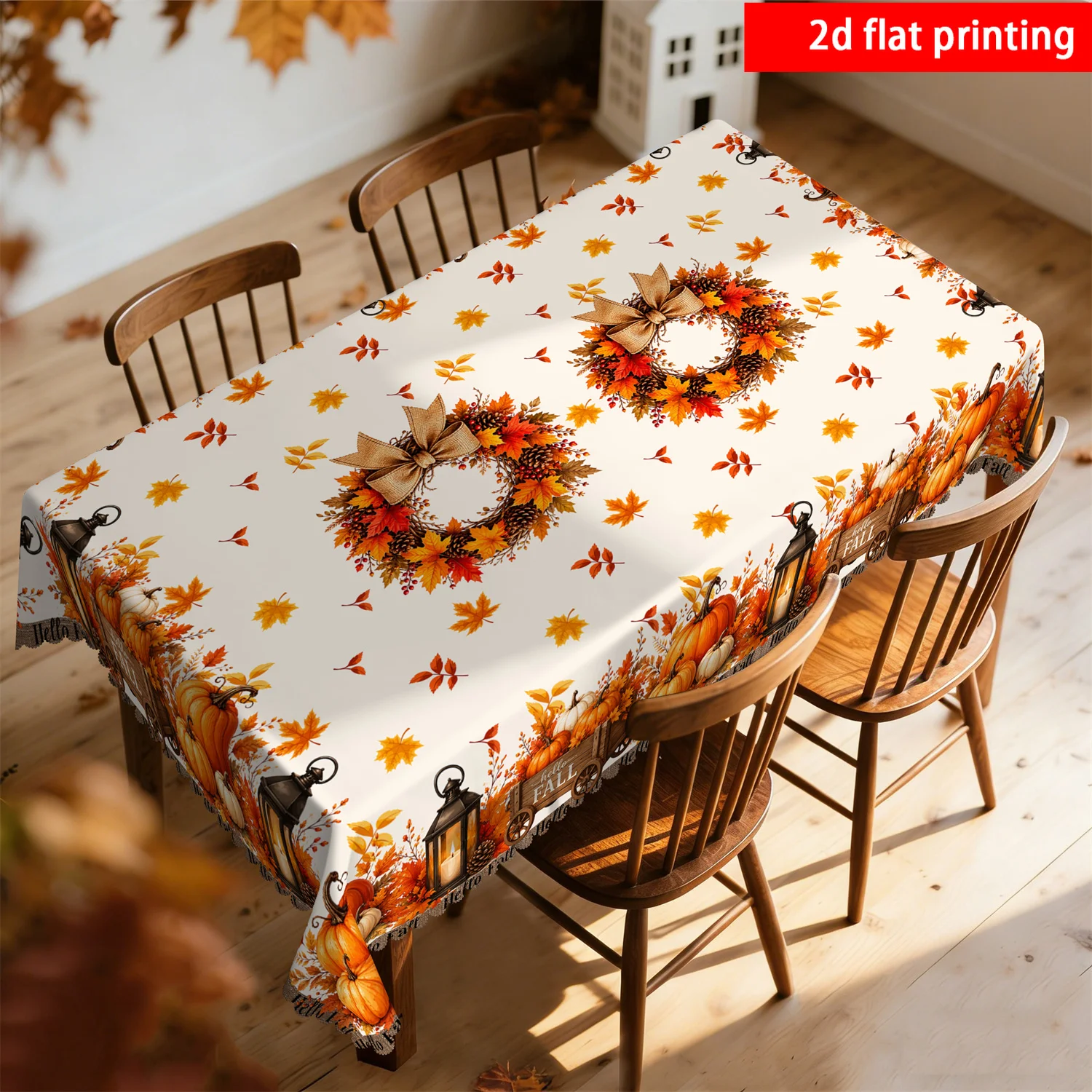 Pumpkin wooden carriage lantern, maple leaf pressed flower tablecloth, dining table farmhouse-style home decoration