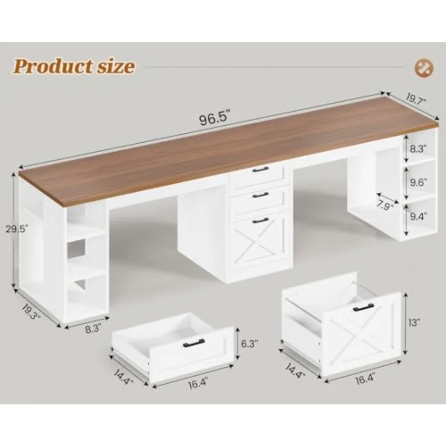 Farmhouse 96.5 2 Person Computer Desk with Storage Drawers for home office, solid wood, white, spacious surface and concealed s