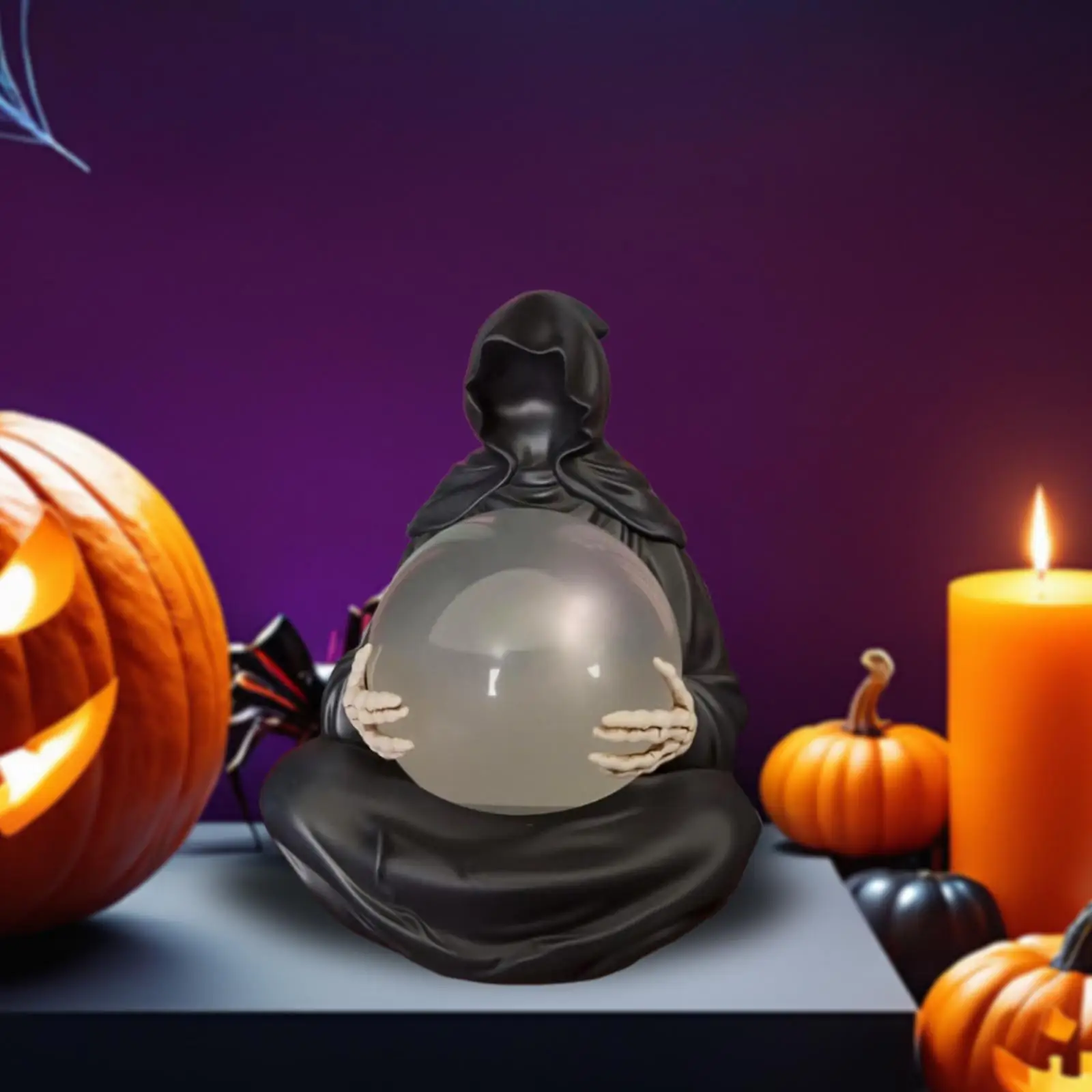 Grim Reaper Statue with Glass Ball Light Art Scary for Yard Bookshelf Indoor