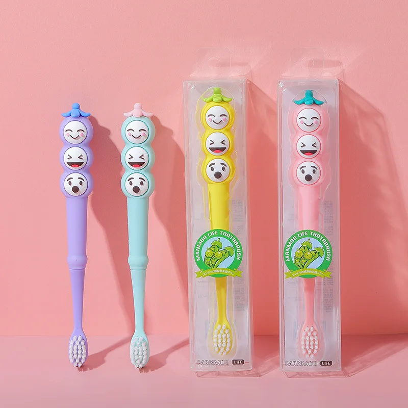 1PC Cartoon Children's Toothbrush Soft Bristles Creative Pea Smile Design Silicone Handle Manual Toothbrush Home Teeth Clean Set