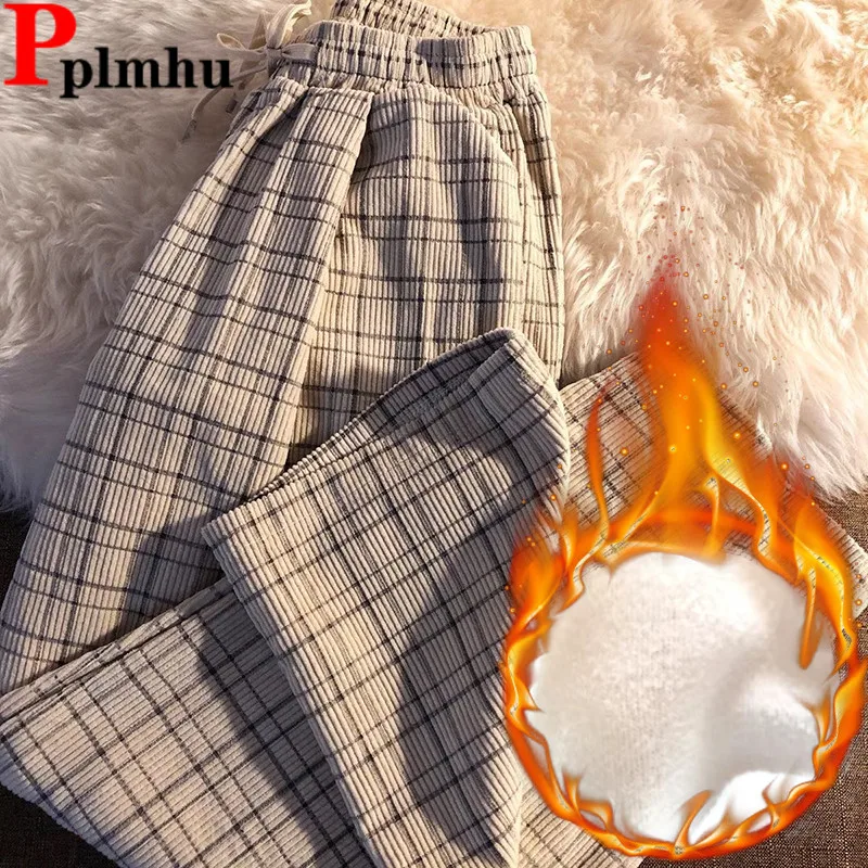 

Fall Winter Plaid Corduroy Wide Leg Pants Ultralight Velveteen Lined Lace-up High Waist Baggy Pantalones Korea Women Spodnie