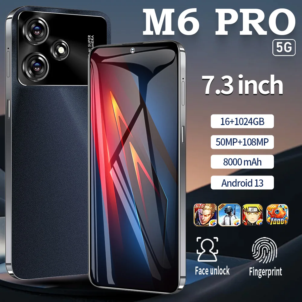 Global Version M6pro 5G Smartphone 7.3 Inch 16GB +1024GB Snapdragon 8 gen2,108 MP Camera 8000Mah Battery Android Phone