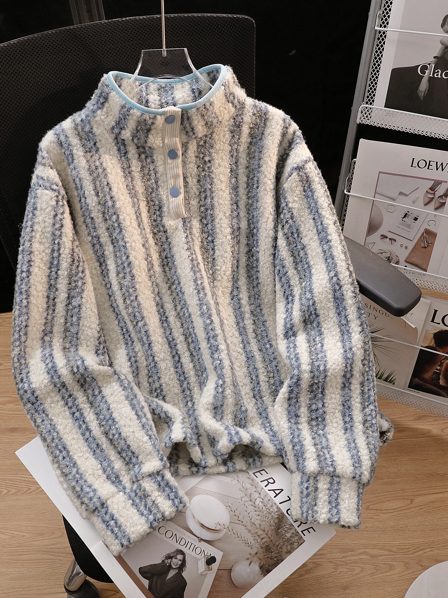 الرجعية مخطط فضفاض طويل Sve Fce اصطف Thiened الوقوف طوق هوديي المرأة كسول Sle العصرية ملابس خارجية الخريف الشتاء