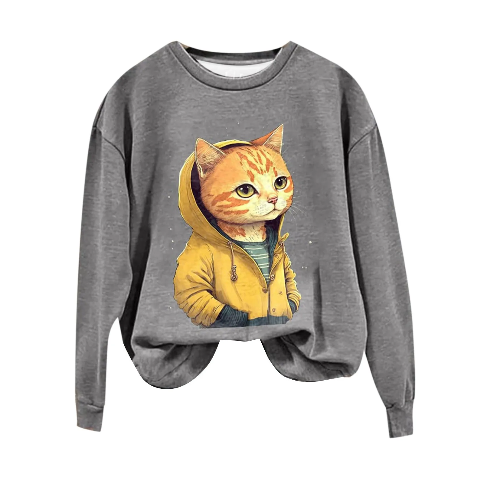 

Women's Cute Cat Animal Print Round Neck Long Sleeved Casual Sports Shirt Hooded Fuzzy Sweatshirt for Women Cotton Set Women