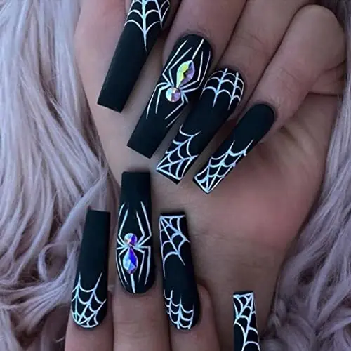 

24 Pcs Halloween Black Press on Nails Long with Spider Web Designs Full Cover Glossy Glue on Nails Long Nails for Women Men