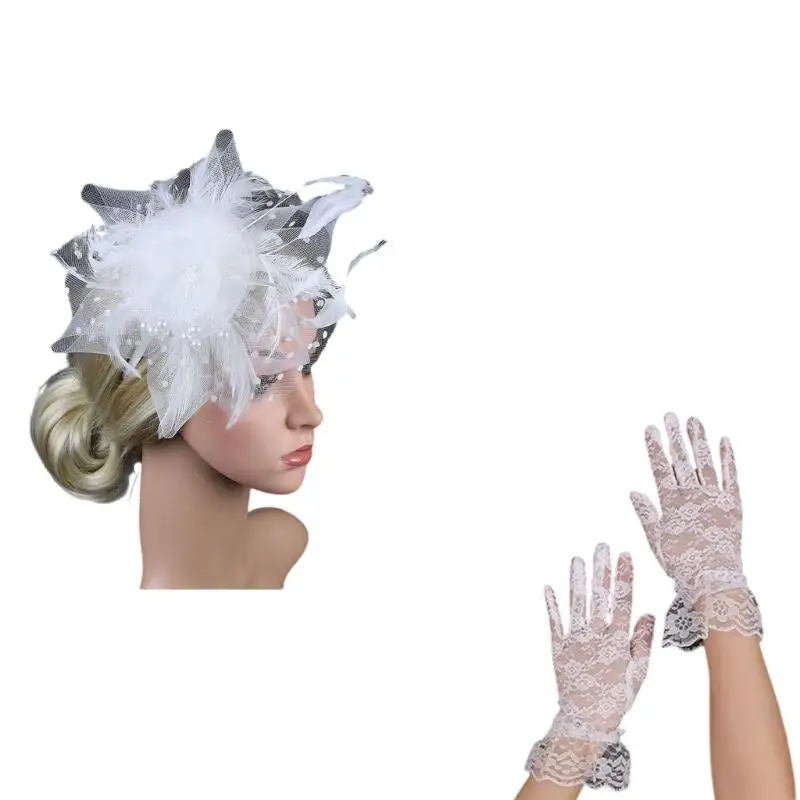 39BD Set aus zartem Brautschleier, Fascinator und Handschuhen mit Zierfedern für Bräute – Detail 7