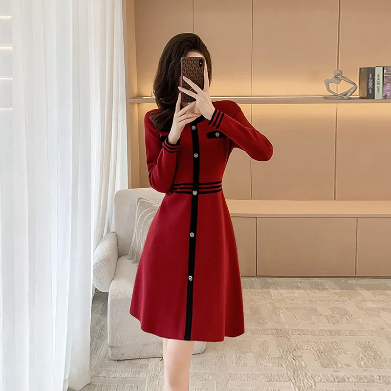 נשים בגדים טמפרמנט אלגנטי גמישות נוחה לסרוג שמלה סתיו חורף שיק שמלת קיץ וינטג