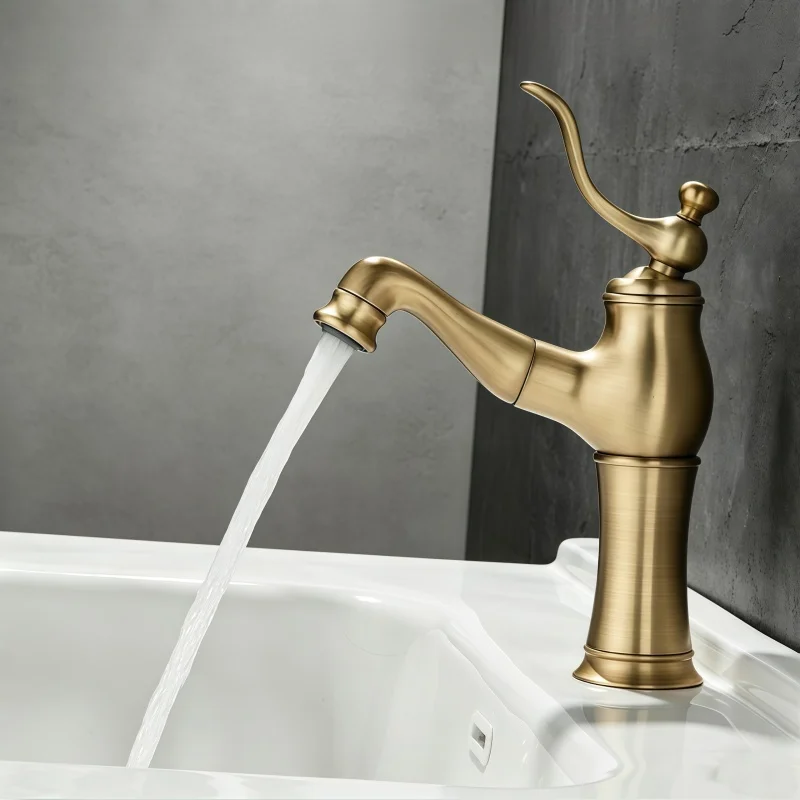 French Retro Brass Pull-Out Faucet for Home Bathroom Under-Counter Basin Hot and Cold Water Faucet Anti-Splash