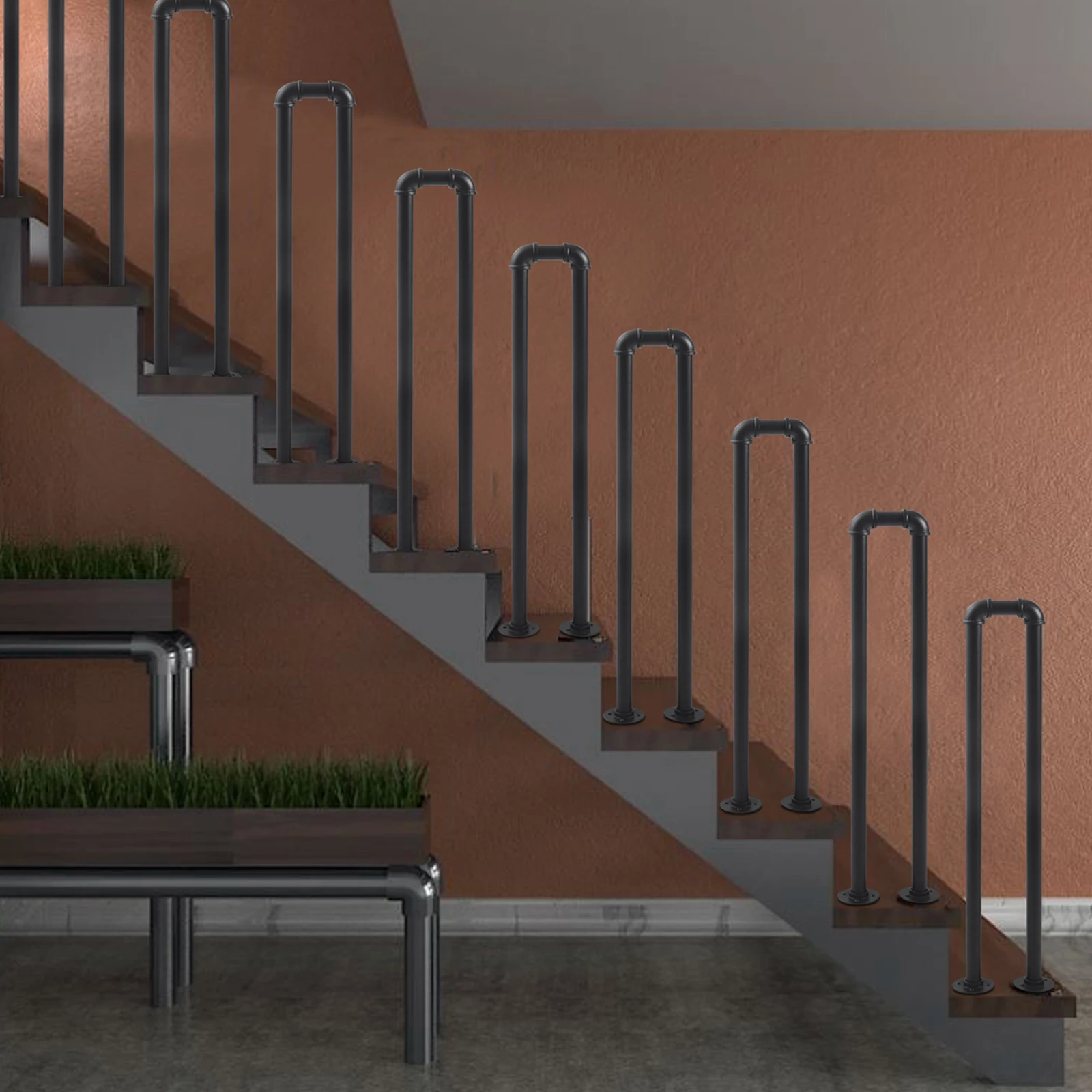 درابزين درج صناعي أسود على شكل حرف U لممر الحديقة العلوي والفيلا والفندق داخلي أو خارجي لأعمدة دعم الأطفال المسنين