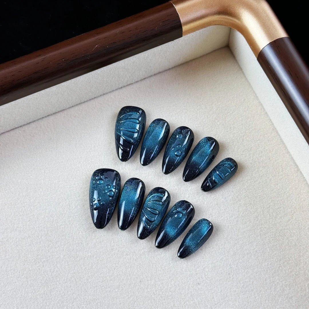 10pcs High-end Simple and retro style, hand-painted waterdrop pattern, dazzling blue cat-eye effect handmade fake nails