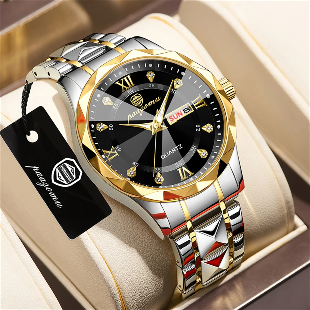 PAAZOMU Luxury Men Watches Business Top Brand Man Wristwatch Waterproof Luminous Date Week Quartz Men\'s Watch High Quality+Box