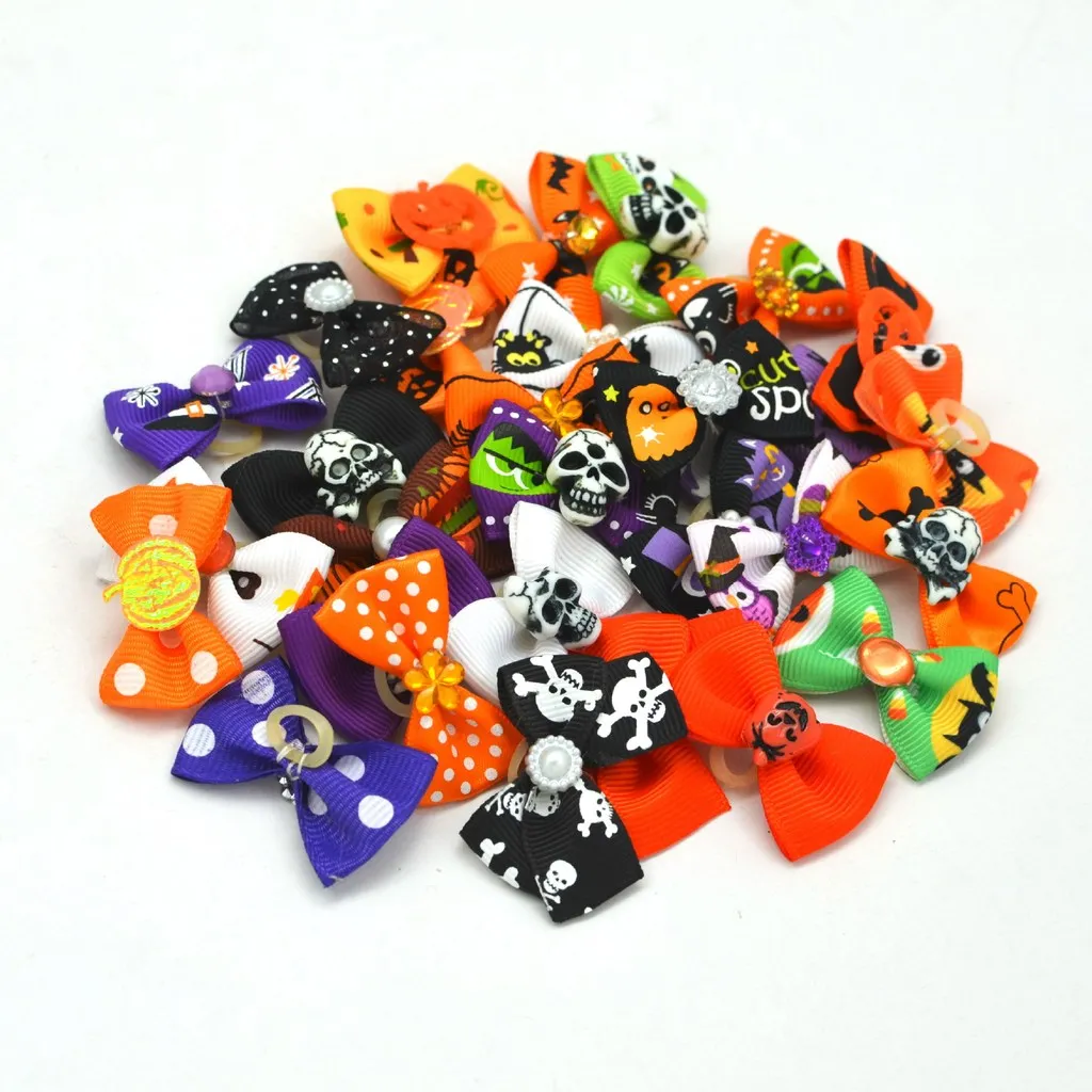 30Pcs Random Color Halloween Pet Hair Bows, Pumpkin Skull Ghost Pattern Dog Hair Bows with Rubber Bands