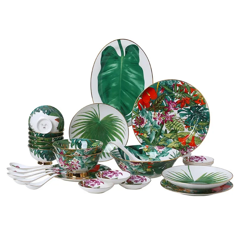 

Bone China Tropical Rainforest Series Western Food Plate Rice Bowl Soup Plate Household 28 Head Tableware Set