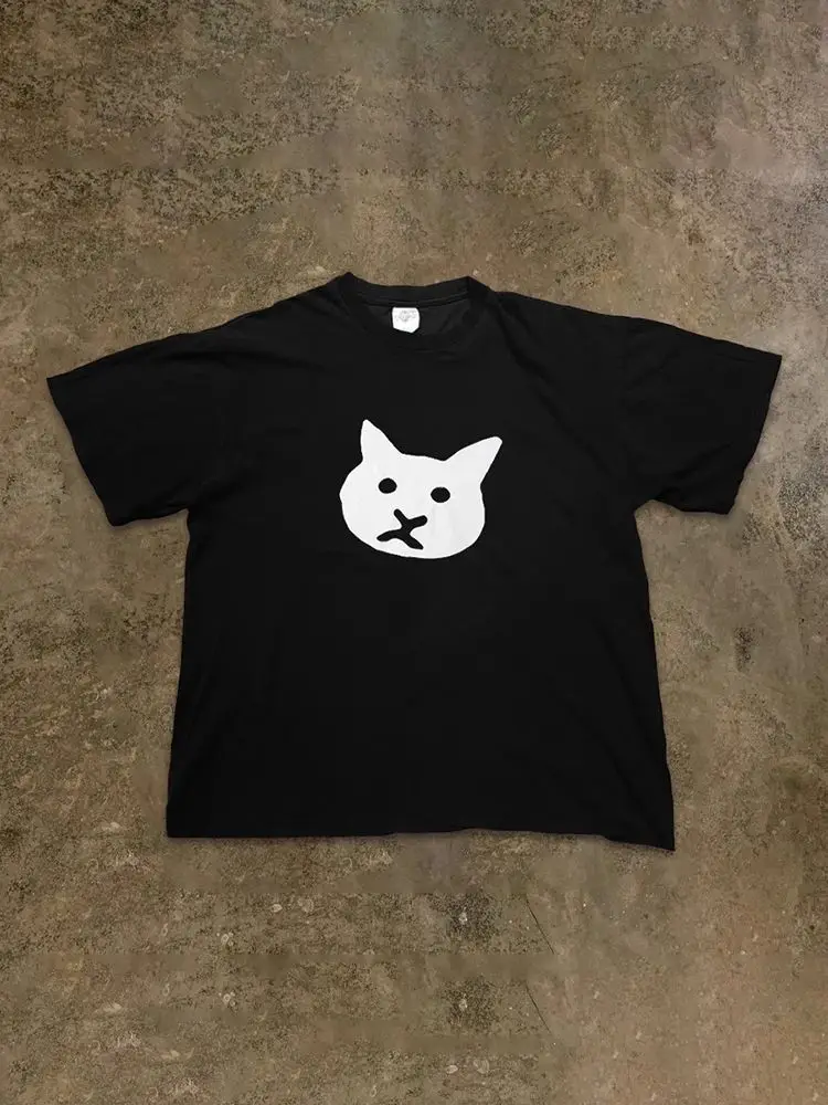 

New High Street Fashion Brand American Retro Loose Cat Print T-shirt Loose Comfortable Unique Top for Men and Women