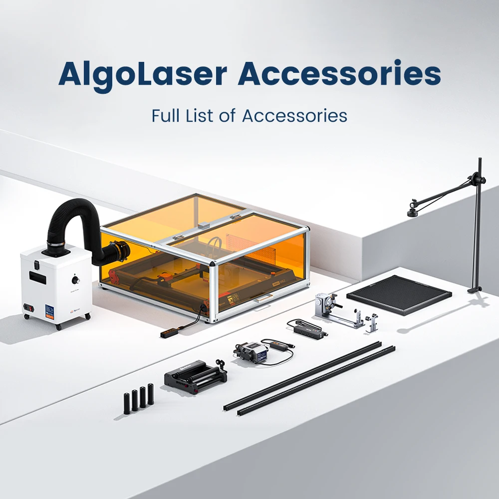 

AlgoLaser Laser Engraver Accessories Honeycomb Work Table Y-axis Rotary Roller Chuck Heighten Column Air Pump Lightburn Camera