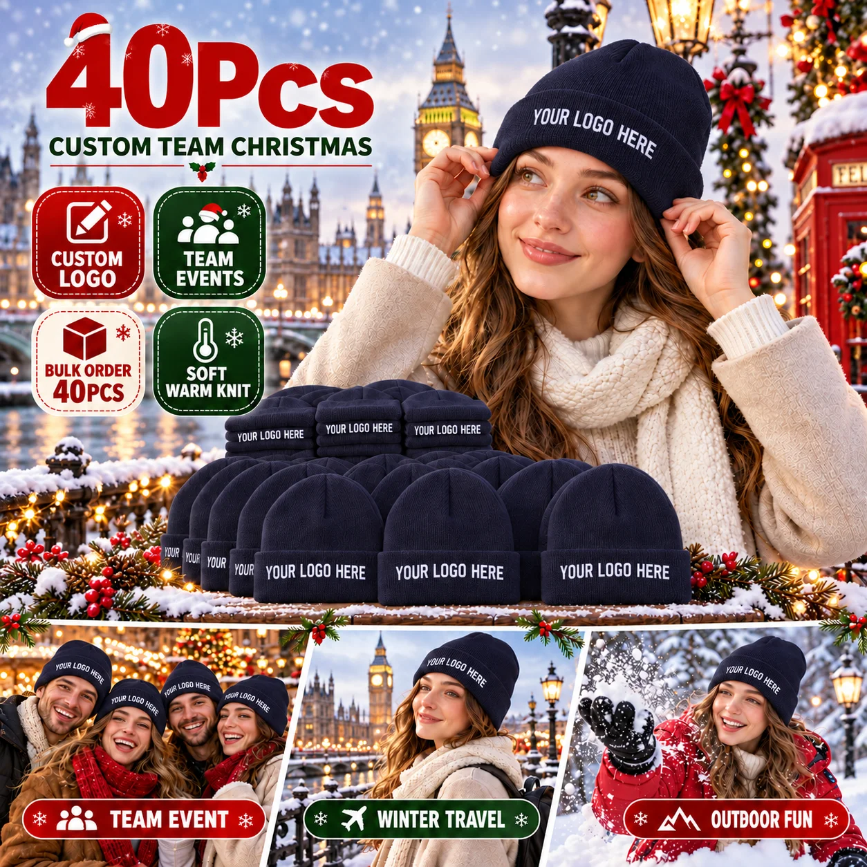 40 custom-made knit hats (with the option to print your logo)—personalized winter headwear perfect for team events, Christmas pa