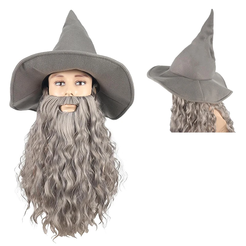 

Halloween men and women cos accessories set, wizard hat synthetic wig + beard two-piece set, very suitable for various holiday