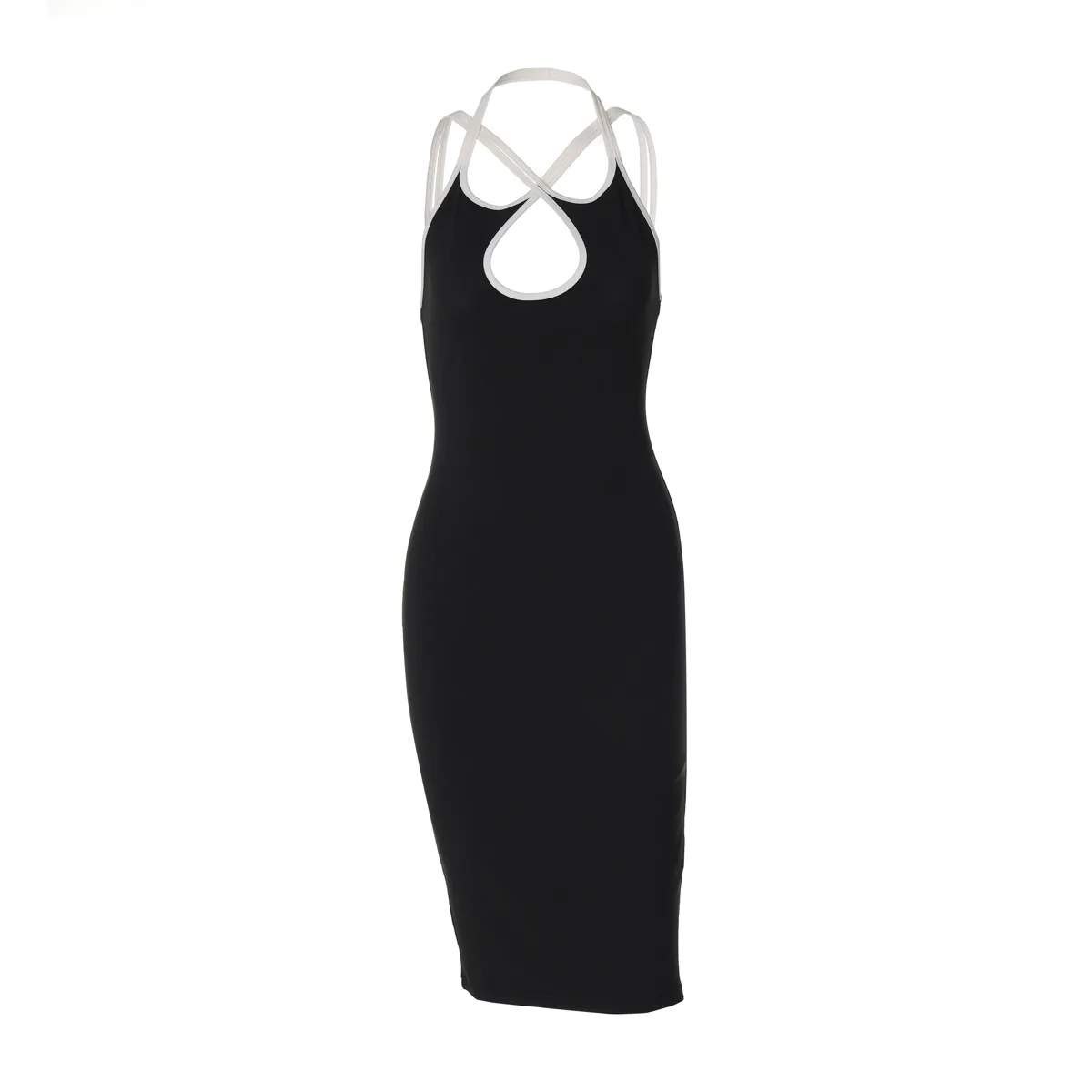 Hochwertiges, heiß verkauftes, kontrastfarbenes, hohles Slim-Fit-Kleid im Sommerstil mit hängendem Hals und freiliegendem Rückengurt, hüftumarmender Rock