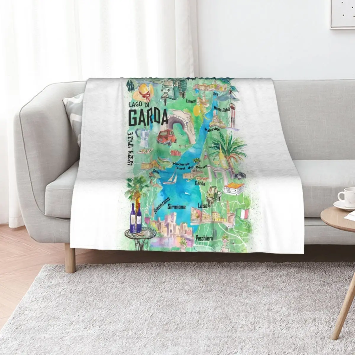 Lake Garda Italy Illustrated Map with Roads and Tourist Highlights Throw Blanket Blankets For Baby Cute Nap Bed linens Blankets