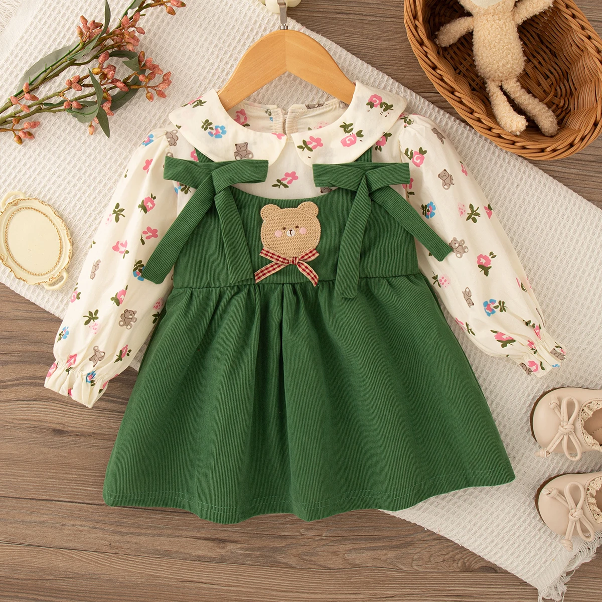

9 Months -4 Years Old Spring And Autumn New Floral Long Sleeved Baby Girl Dress, Sweet Bow Children'S Clothing