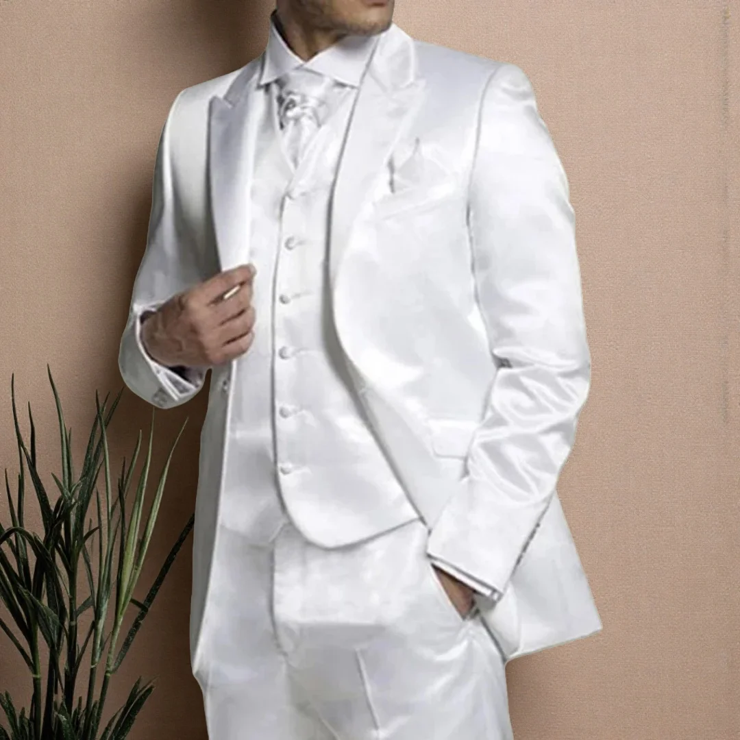 

3pieces White Satin Men Suits for Wedding Groom Tuxedos slim fit Custom Formal Man Suit peak lapel Jacket Vest with Pants