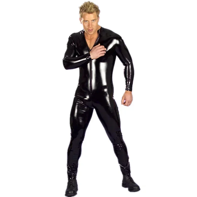 Faux Latex Men Jumpsuits Stretch Patent Leather Jumpsuits Man PVC Exotic Gay Fetish Wet Look Leather Bodysuit Metallic Gold Suit