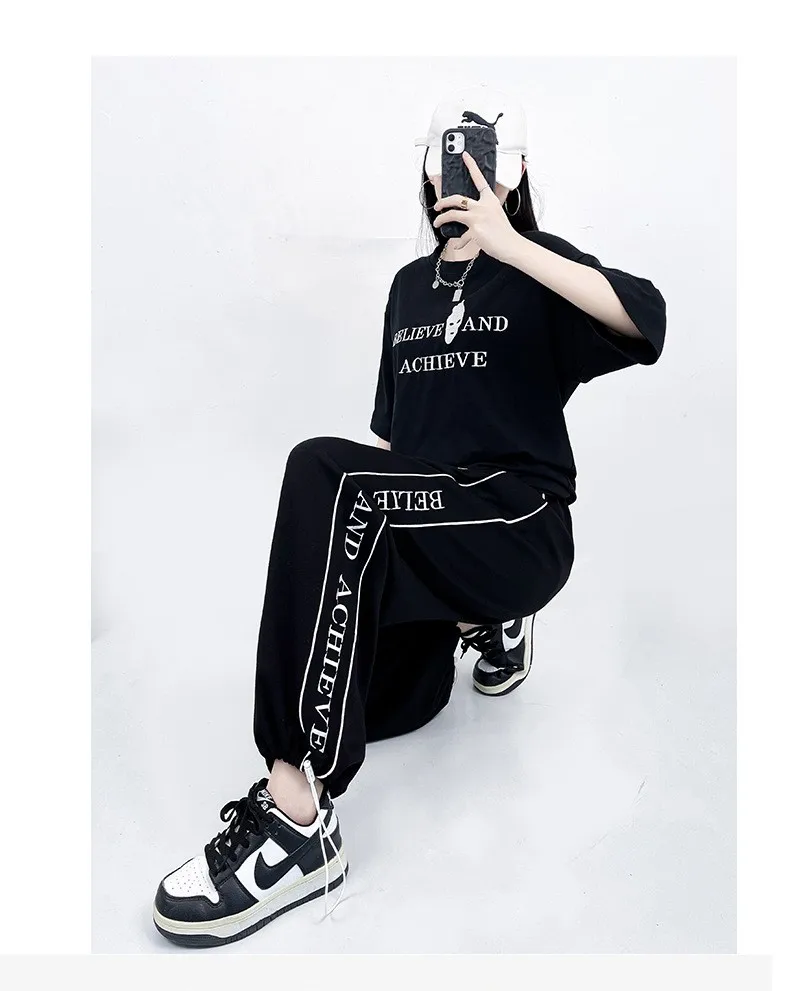 

Retro Hot Girl Black Short sleeved T-shirt Women's Summer Loose Top Jazz Dance Hiphop Sports Fashion Set