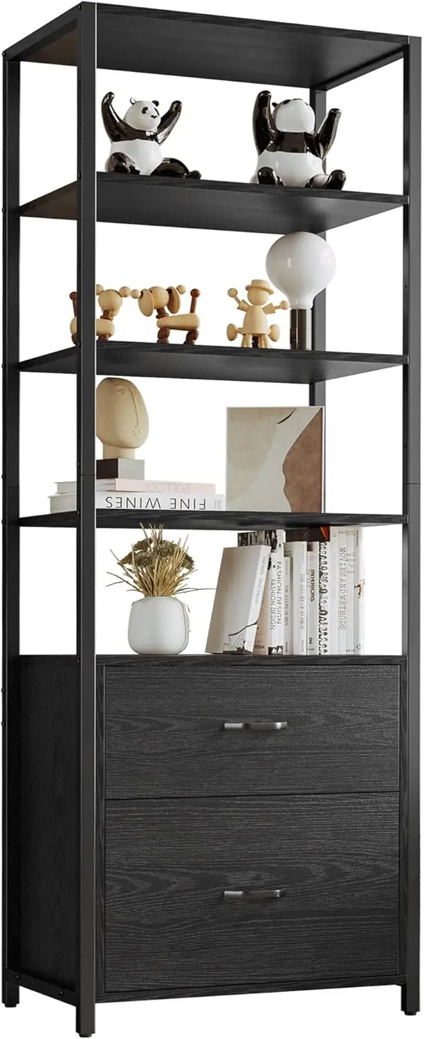 Industrial Bookcase with File Cabinet Drawers, 71.6 in Tall Bookshelf 5 Tier, Freestanding Storage Home Office Cabinet Organizer