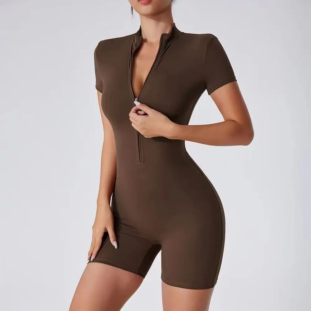 

Sexy Yoga Set Women's Zipper One Piece Suit Short Sleeve Gym Push Up Outdoors Workout Clothing Fitness Short Sportswear Suit Set
