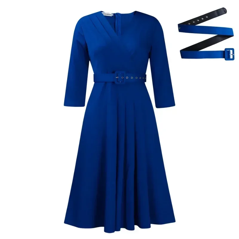 Church Dresses for Women Elegant V Neck A Line Pleataed 3/4 Sleeves Modest Classy Occasion Female Gowns Office Ladies New 2024