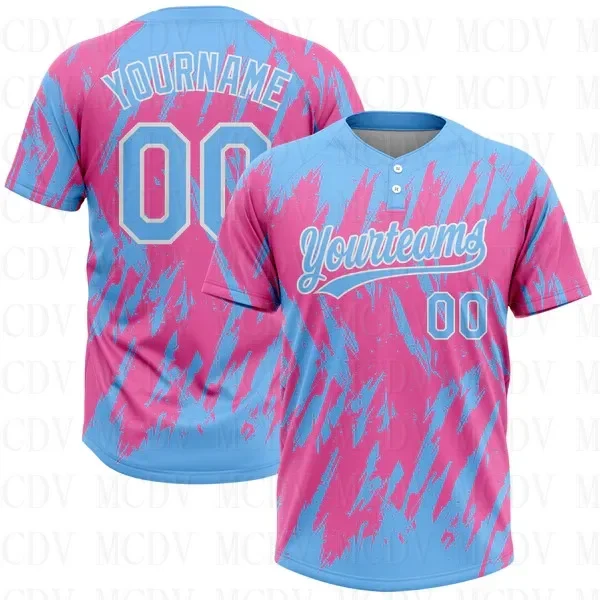 Custom Pink Light Blue-White Two-Button Unisex Softball Jersey 3D Printed Team Name Number Jerseys Sports Wear Adult Youth