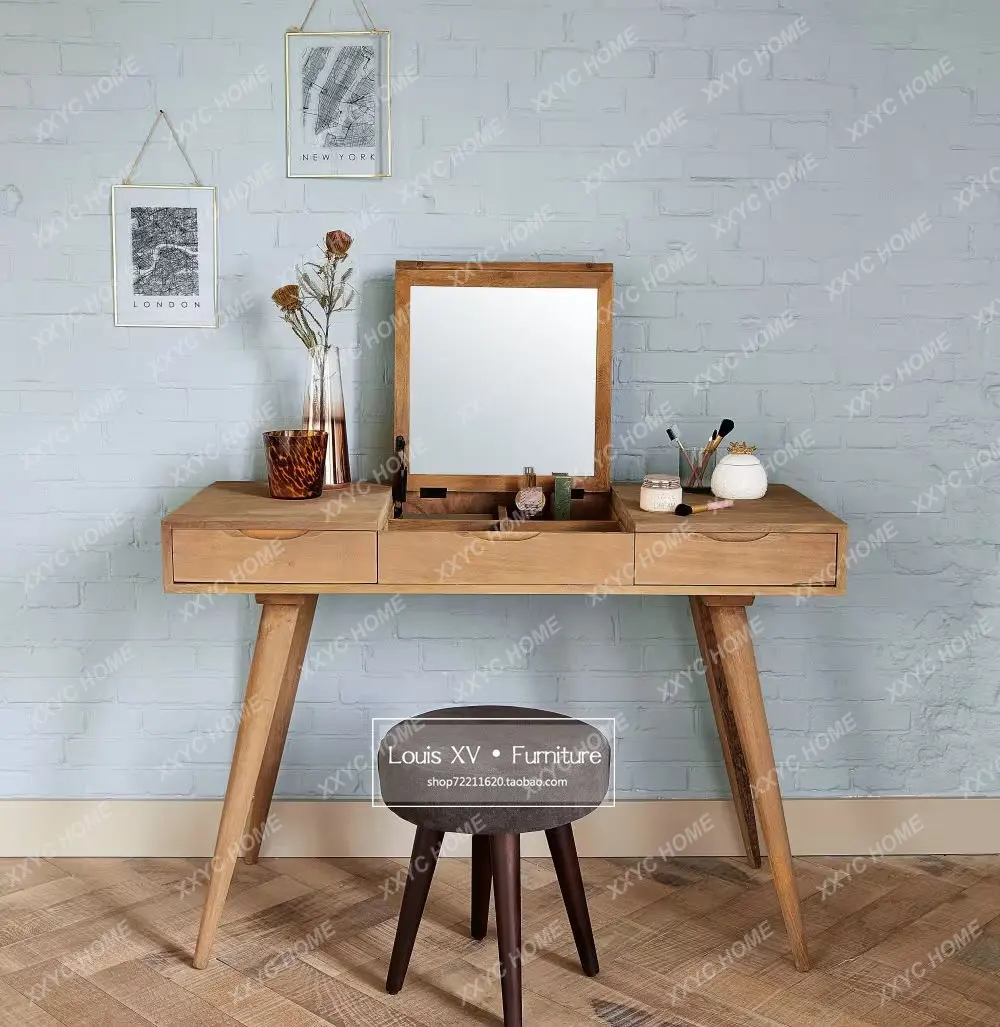 

YYK Dresser Multifunctional Makeup Desk Small Apartment Bedroom Log Storage Cabinet Simple Clamshell Solid Wood
