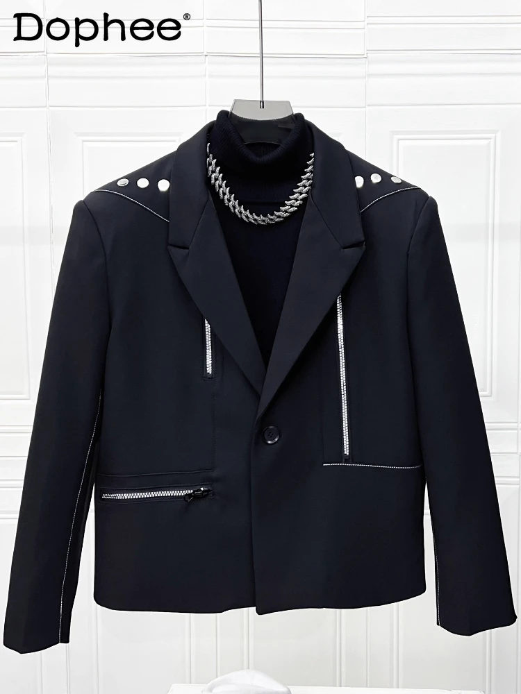 

High-End Metal Zipper Blazers Men 2025 Autumn New Personality Handsome Trendy Tailored Coats Male Chic Shoulder Pad Suit Jackets