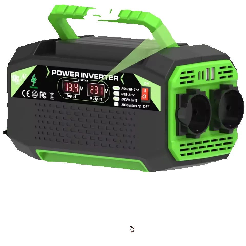 Inwerter o czystym przebiegu sinusoidalnym, 500 W, przetwornica napięcia z 12 V DC na 220 V AC, 50 Hz, z 2 portami USB i 2 portami PD, uniwersalna gniazdko. — 2