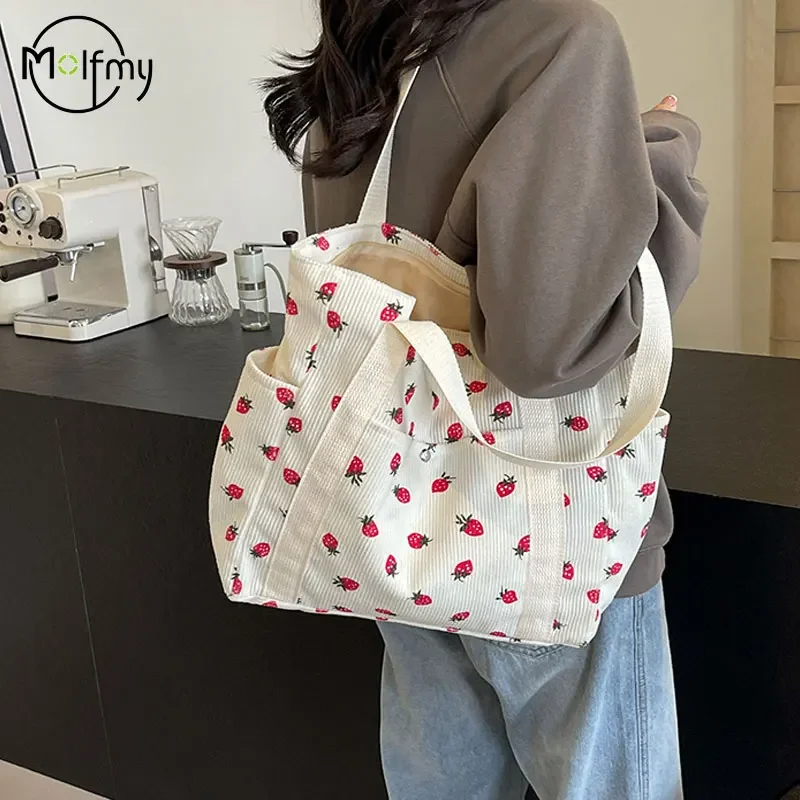 

Fashion 2025 Strawberries Corduroy Handbag Sweet Women's Bag Versatile Shoulder Bag Beautiful Simple Commuter Women's Tote Bags