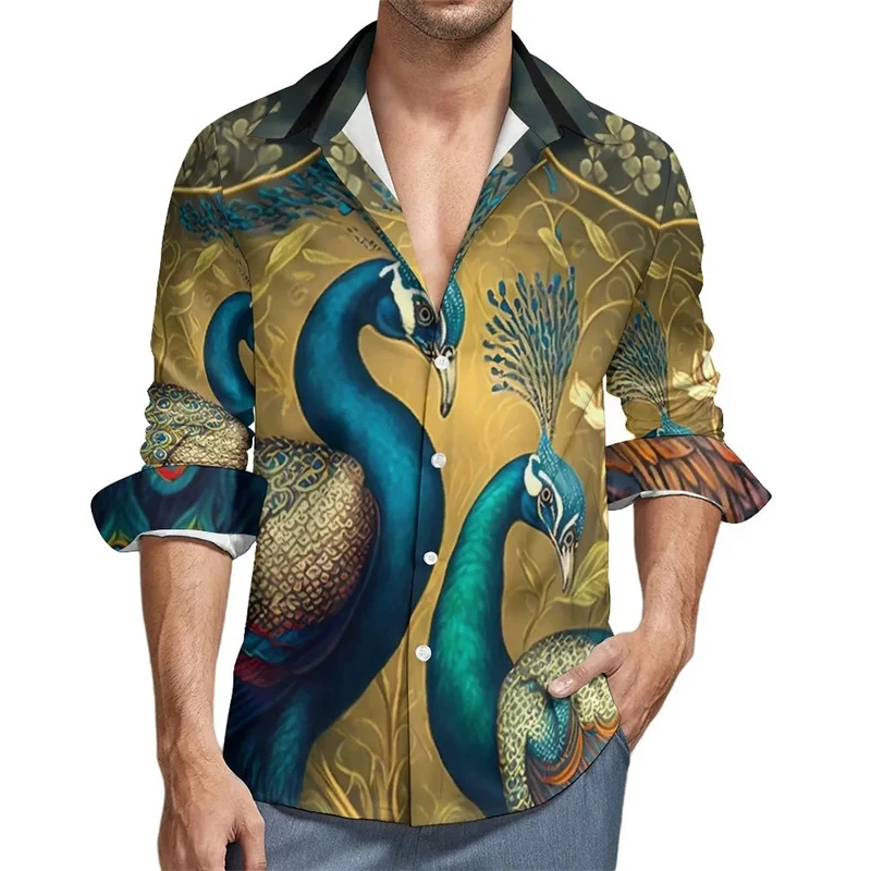 Peacocks Feather Pattern Hawaiian Shirts For Men Animal 3D Printed Blouse Spring Autumn Casual Loose Aloha Shirts Long Sleeves