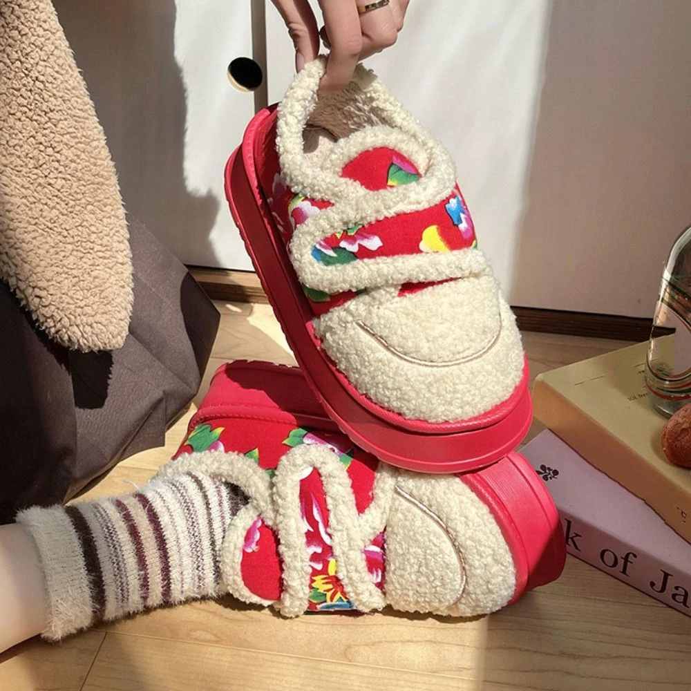 

Тапочки с цветочным узором в китайском стиле, пушистые толстые флисовые тапочки, женская нескользящая домашняя обувь, зимние теплые женские тапочки