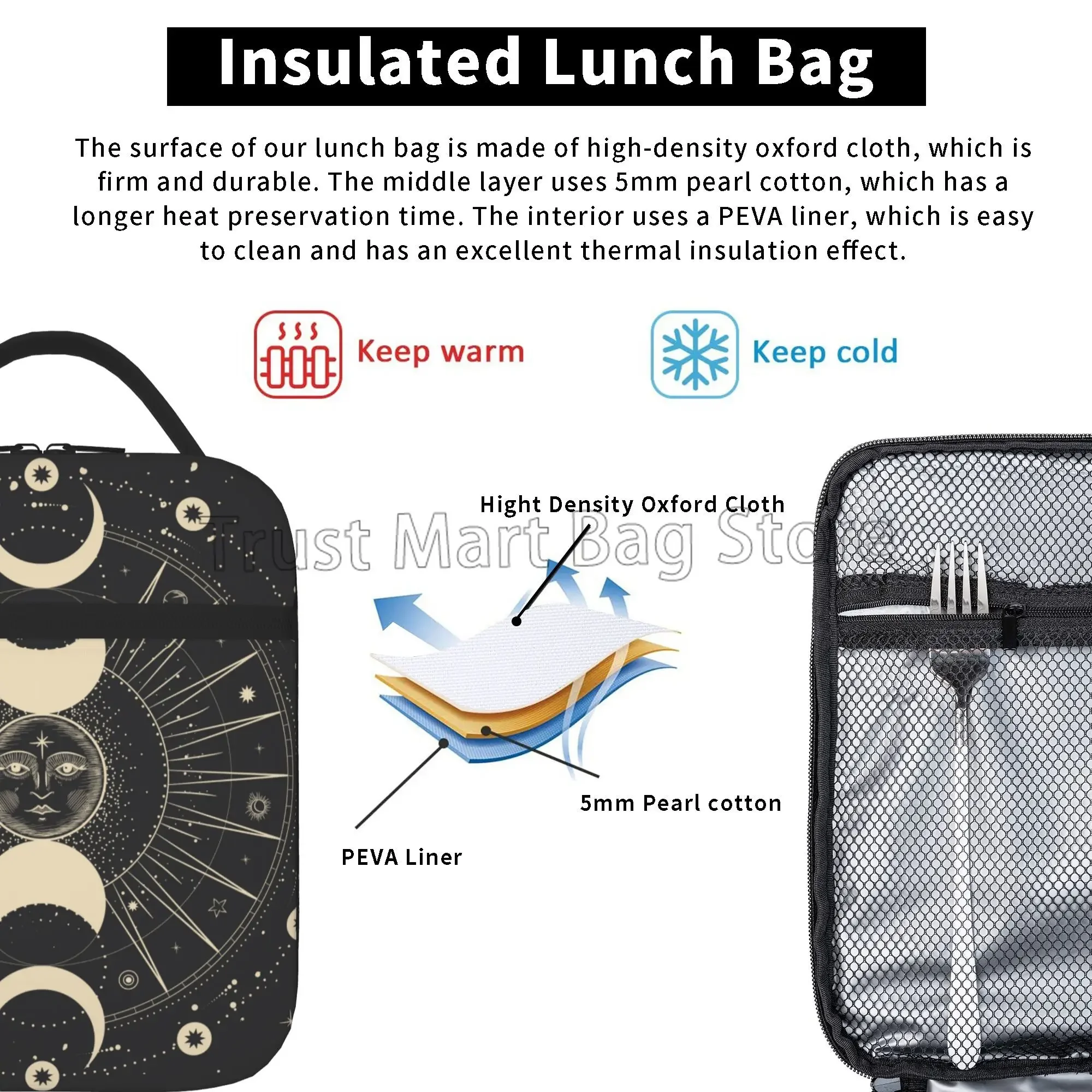 Moon Star Mystic Sun Astrology Tarot Goth Insulated Lunch Bag Reusable Portable Lunch Box for Men Women Tote Bag for Picnic Work