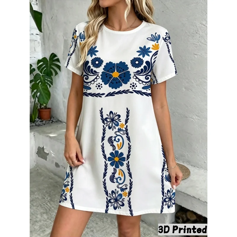 Vestido de estilo vacacional con estampado floral retro en 3D, manga corta, cuello redondo, corte holgado y línea en A. Vestidos de mujer.