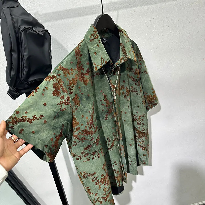 Summer Fashionable Retro Dark Green Printing Loose Short Sleeve Shirt Popular High-Grade Versatile Top for Men and Women