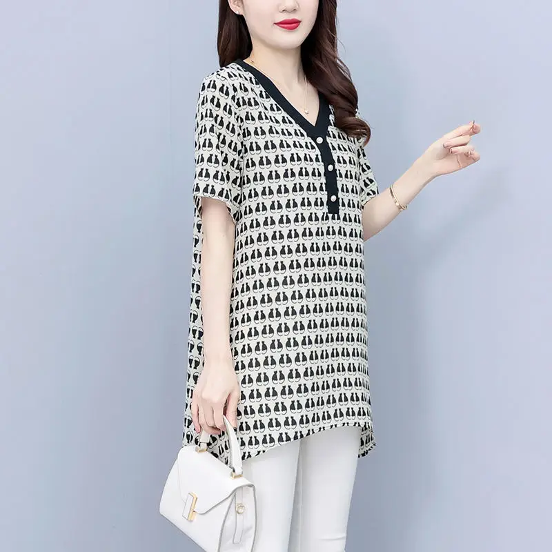 Korean Minimalist New Summer Printing Women\'s V-neck Button Fashion Versatile Short Sleeve Loose Mid Length Chiffon Shirt Tops