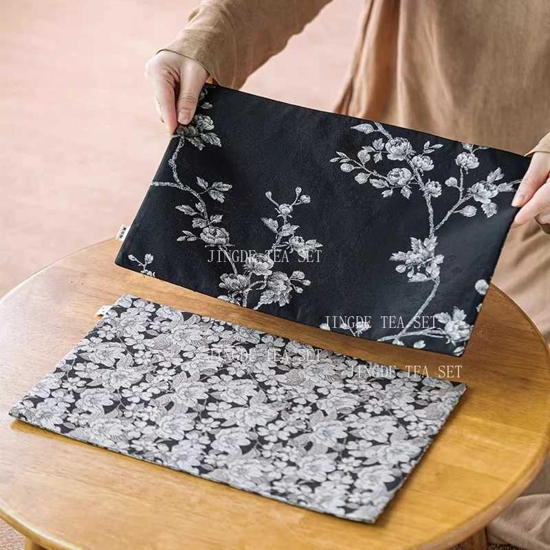 Brocade Dry Soaked Mat Anti Slip Tea Mat Home Tea Table Chinese Cotton Linen White Plum Tea Towel Kung Fu Teaset Accessories