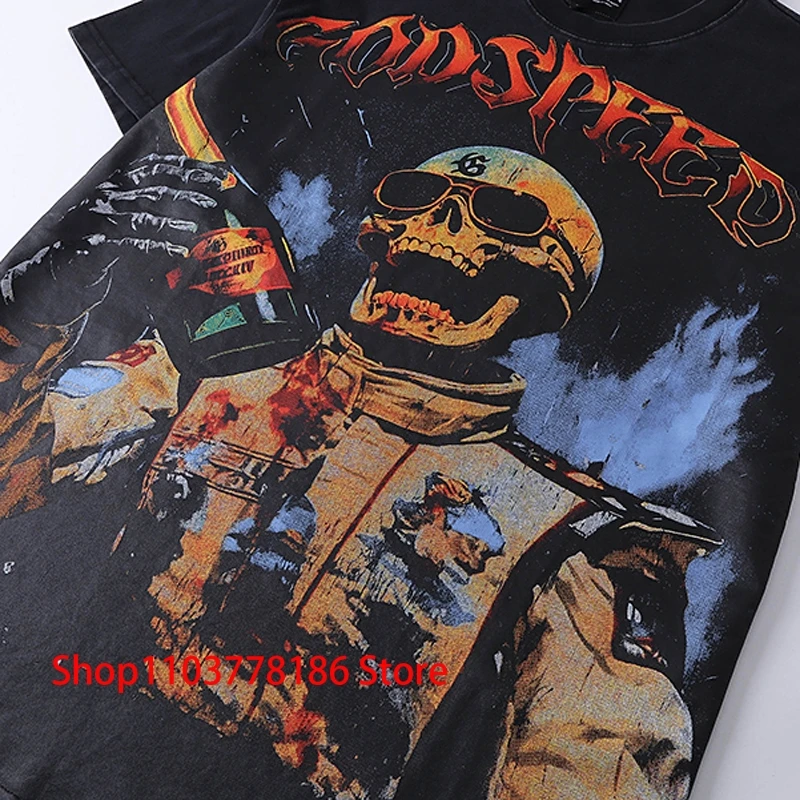 Summer Godspeed Short Sleeve 2025 Hot Sell New Tee Tops American High Street Retro Skull Harajuku Style T-shirt Real Picture