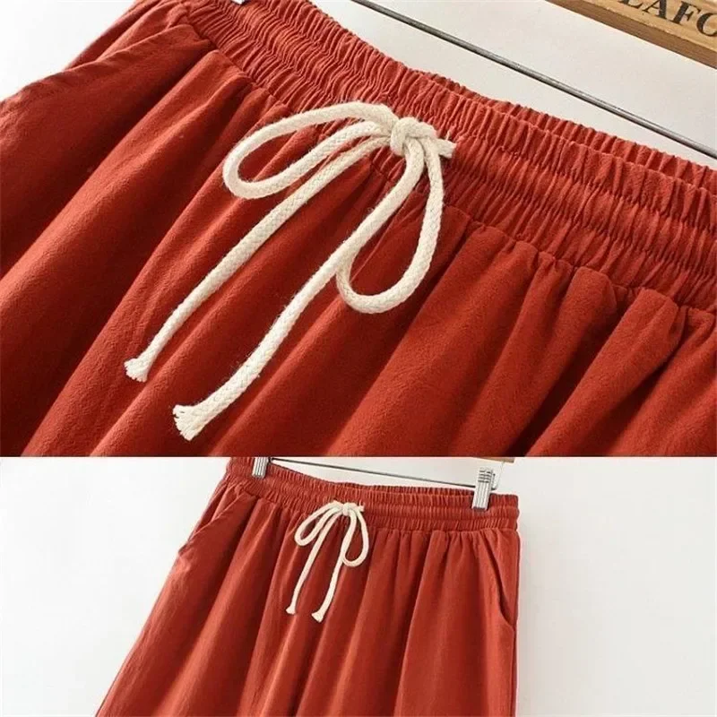Casual Pants Women's Cotton And Linen Wide-Leg Pants Embroidery Summer Loose Straight Plus Size Capris Trousers C498